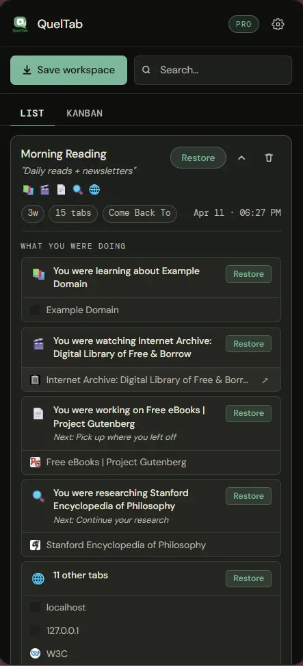 QuelTab workspace card expanded showing tab groups