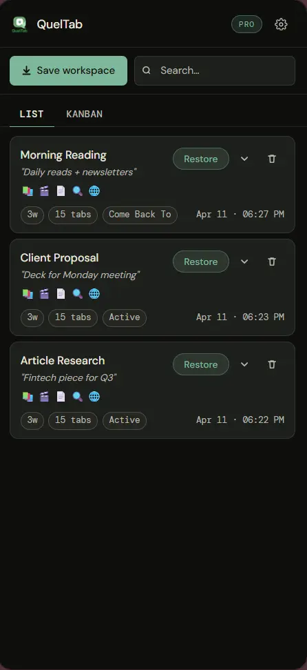 QuelTab side panel showing saved workspaces